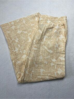 Hurley Tan and White Gauzy 100% Cotton Elastic-Waist Tropical Pants, Small
